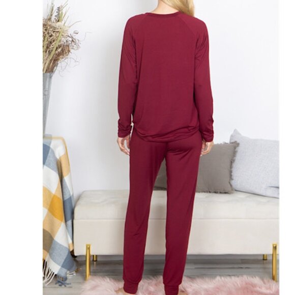 NEW Solid Burgundy Long Sleeves Top and Joggers Set with Tie Casual and Lounging - Picture 4 of 7